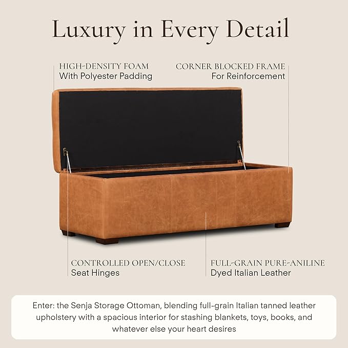 Poly & Bark Senja Storage Ottoman – 52" Large with Feather-Down Topper – Full-Grain Leather Upholstered Ottoman Box – Bench or Bedroom Storage – Vintage Italian Leather in Cognac Tan