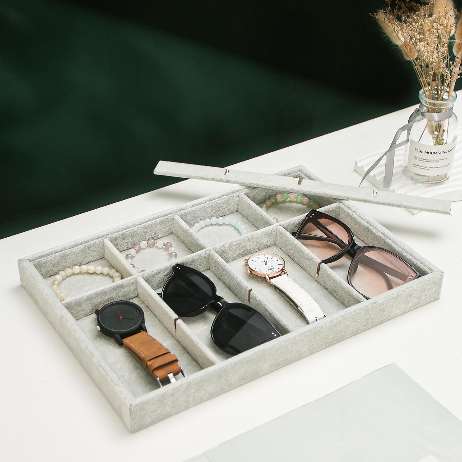 2pcs/Set Velvet Jewelry Tray, 12 Grids Large Storage Tray for Bracelet Bangle Beads Display, Jewellery Organizer Box Tray for Home Drawer or Shop Store Selling Show (Grey Velvet)