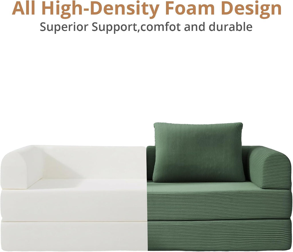 4-in-1 Boneless Folding Convertible Sofa Bed, 78 Inch Corduroy Loveseat Sleeper Couches with Pull Out Bed, Futon Couch for Living Room Bedroom, No Assembly Needed, Green