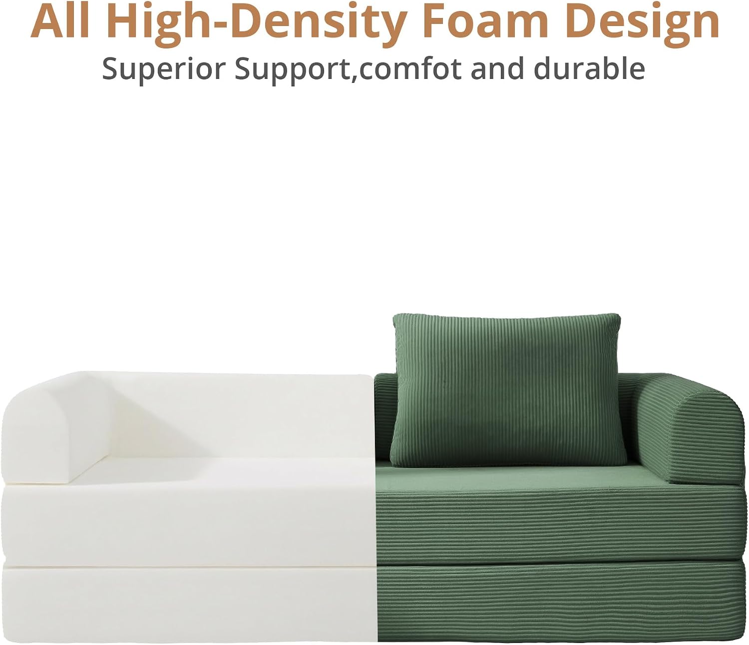 4-in-1 Boneless Folding Convertible Sofa Bed, 78 Inch Corduroy Loveseat Sleeper Couches with Pull Out Bed, Futon Couch for Living Room Bedroom, No Assembly Needed, Green