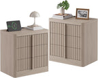 Fluted Nightstand Set of 2 with Charging Station, 23.6" Wood End Table with Solid Wood Handle, Mid Century Moden Bedside Table 3 Drawer Dresser for Bedroom, Living Room, White Alder