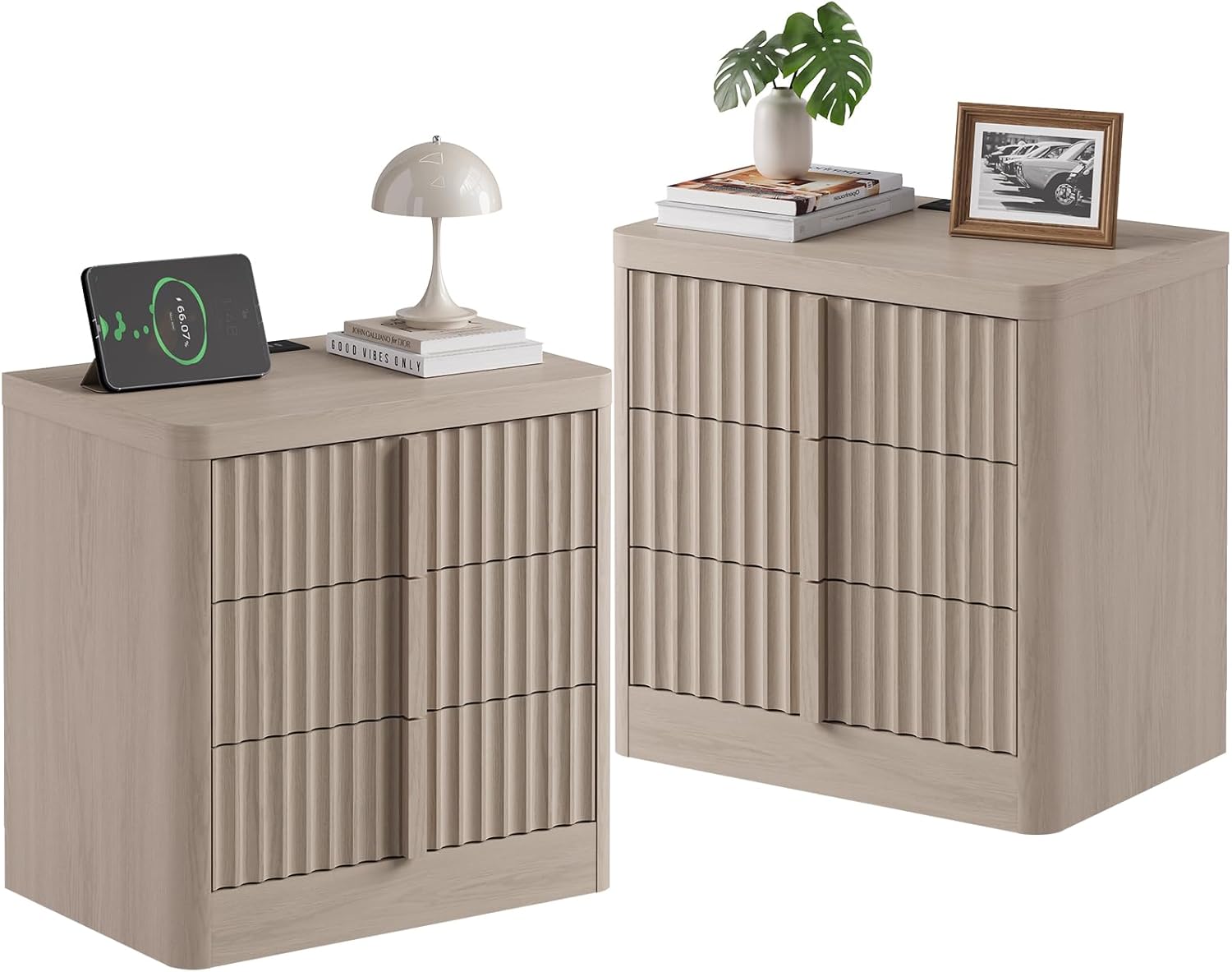 Fluted Nightstand Set of 2 with Charging Station, 23.6" Wood End Table with Solid Wood Handle, Mid Century Moden Bedside Table 3 Drawer Dresser for Bedroom, Living Room, White Alder
