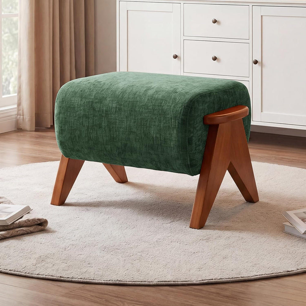 Linen Padded footstools Mid Century Modern Ottoman with Wood Frame, Lounge Up...