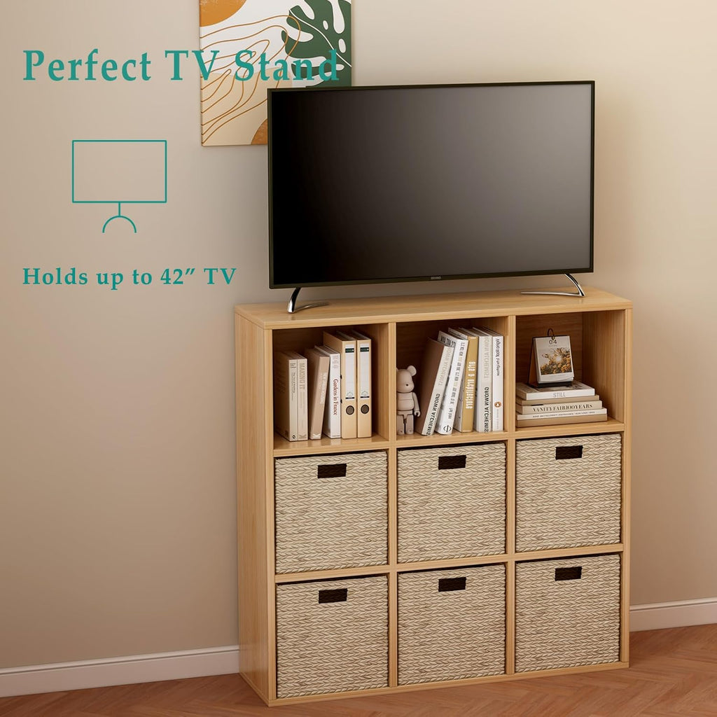 9-Cube Storage Shelf Bookcase - Wooden 3-Tier Floor Standing Open Bookshelf for Home and Office, Display Cabinet, Oak