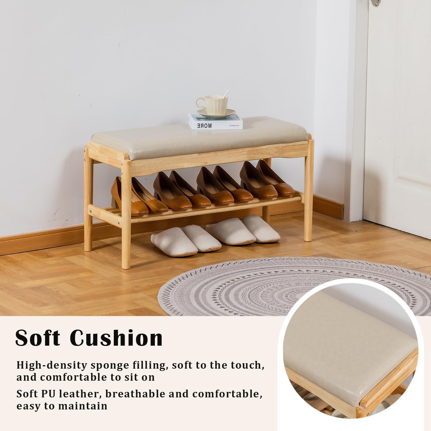 SOBIBO 2-Tier Entryway Shoe Rack Bench, Rubber Wood, Beige & Natural, 31.5" | 8–12 Pairs Capacity, Double-layer Storage, High-density Sponge Cushion, Ideal for Entryway, Hallway, Bedroom
