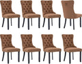 Modern Dining Chairs Set of 8, Tufted Upholstered Dining Chairs with Solid Wood Legs, Brown Linen Fabric Kitchen Chair, Sillas de Comedor, Comfy Kitchen Chair (Brown, Linen, 8Pcs)