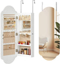 HOOBRO Jewelry Cabinet Wall/Door Mounted, LED Jewelry Organizer, Lockable | Jewelry Armoire, Hanging Jewelry Cabinet with Storage, Wide Full Length Mirror, 4.1 x 16.5 x 42.5 Inches, White