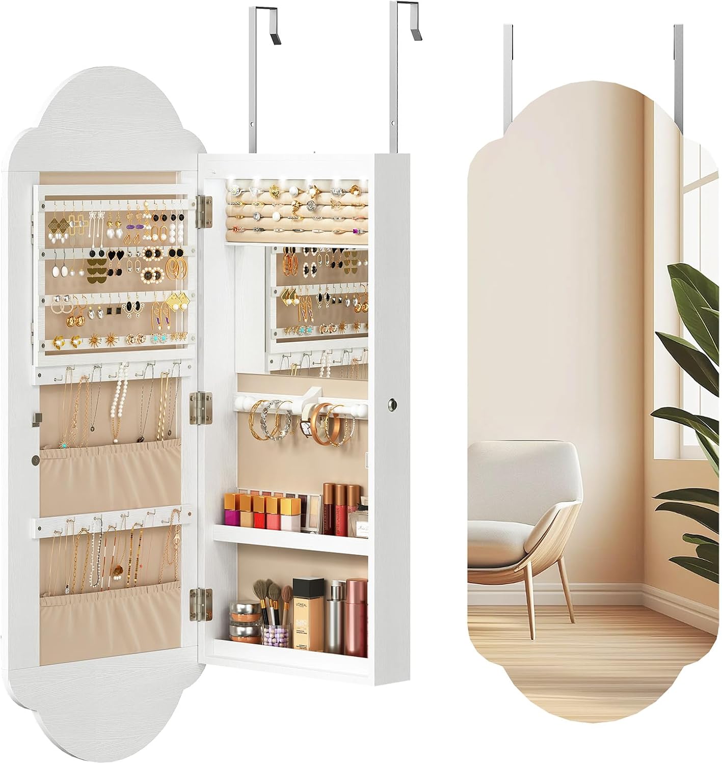 HOOBRO Jewelry Cabinet Wall/Door Mounted, LED Jewelry Organizer, Lockable | Jewelry Armoire, Hanging Jewelry Cabinet with Storage, Wide Full Length Mirror, 4.1 x 16.5 x 42.5 Inches, White