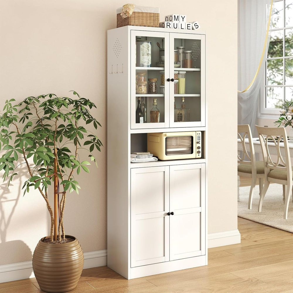 Tall White Metal Kitchen Pantry Cabinet, Stainless Steel Frame Storage Cabine...