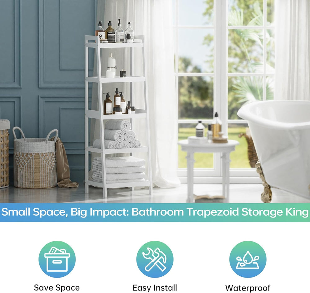 Bamboo Ladder Bookcase 5-Tier Freestanding Shelf, Bathroom Storage Rack &...