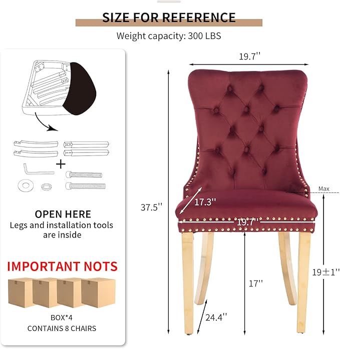 Mid Century Modern Dining Chairs Set of 8, Red Velvet Upholstered Tufted Back, Kitchen & Dining Room Chairs, Gold Metal Legs, Nailhead Trim, Sillas para Comedor (Red, 8 Pcs)