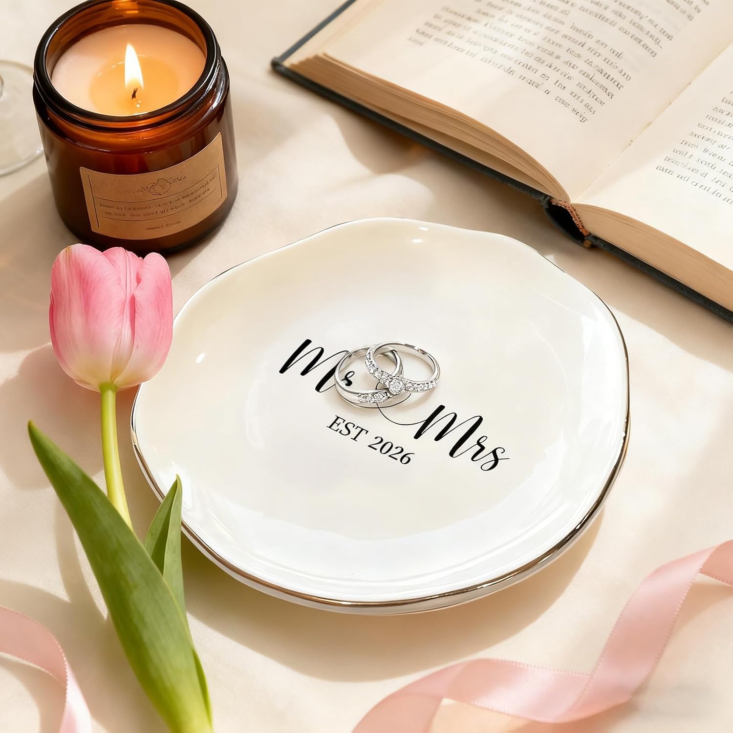Mr & Mrs EST 2026 Ring Dish - Elegant Ceramic Ring Holder for Engagement, Wedding, and Bridal Shower Gifts - Honeymoon Keepsake for Friends, Newlyweds, and Bride-to-Be
