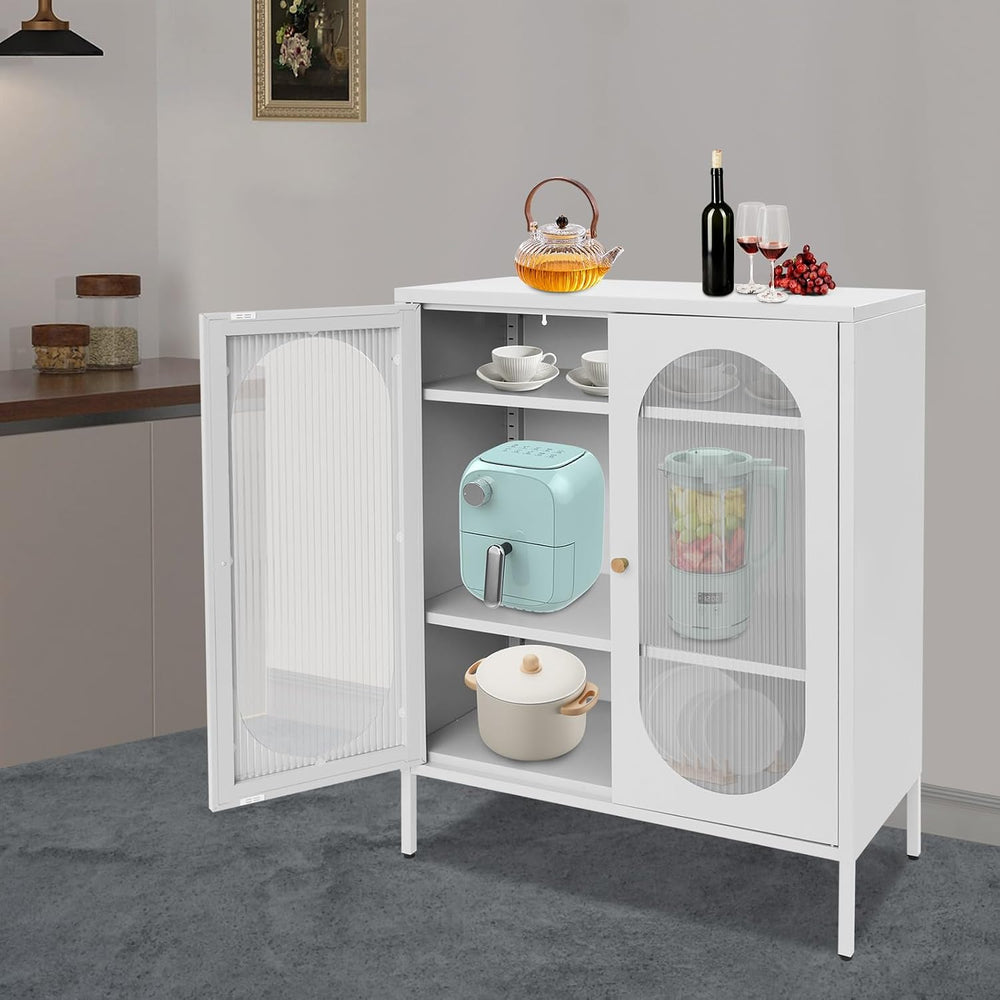 Accent Cabinet with Glass Doors – 3 Tier Storage, Modern Coffee Bar Station P...