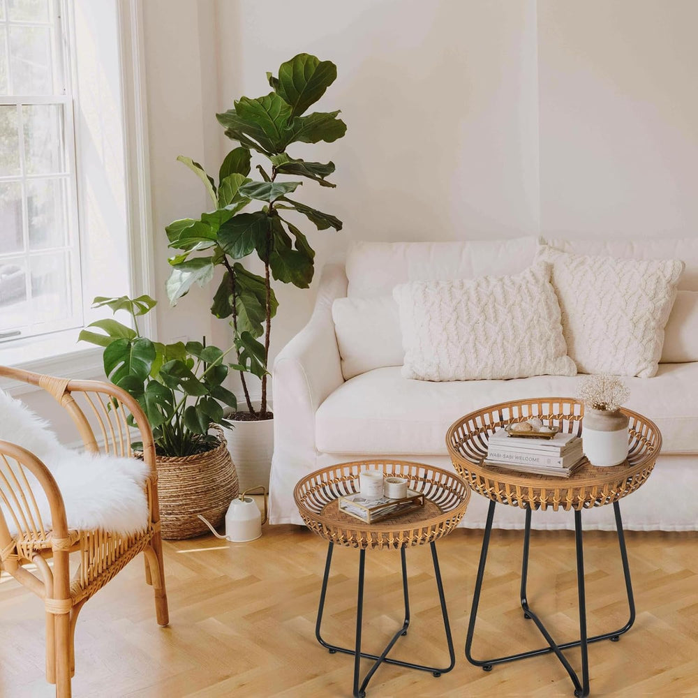 Oakrain Rattan Side Table, Nesting Tables, Set of 2, Bamboo Coffee with Metal...