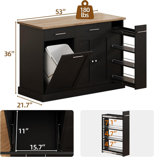 4 EVER WINNER 53" Kitchen Island Cart with Hidden Trash Storage, 3-Tier Spice Rack & Adjustable Shelves, Mobile Kitchen Counter on 5-Wheel Casters, Black