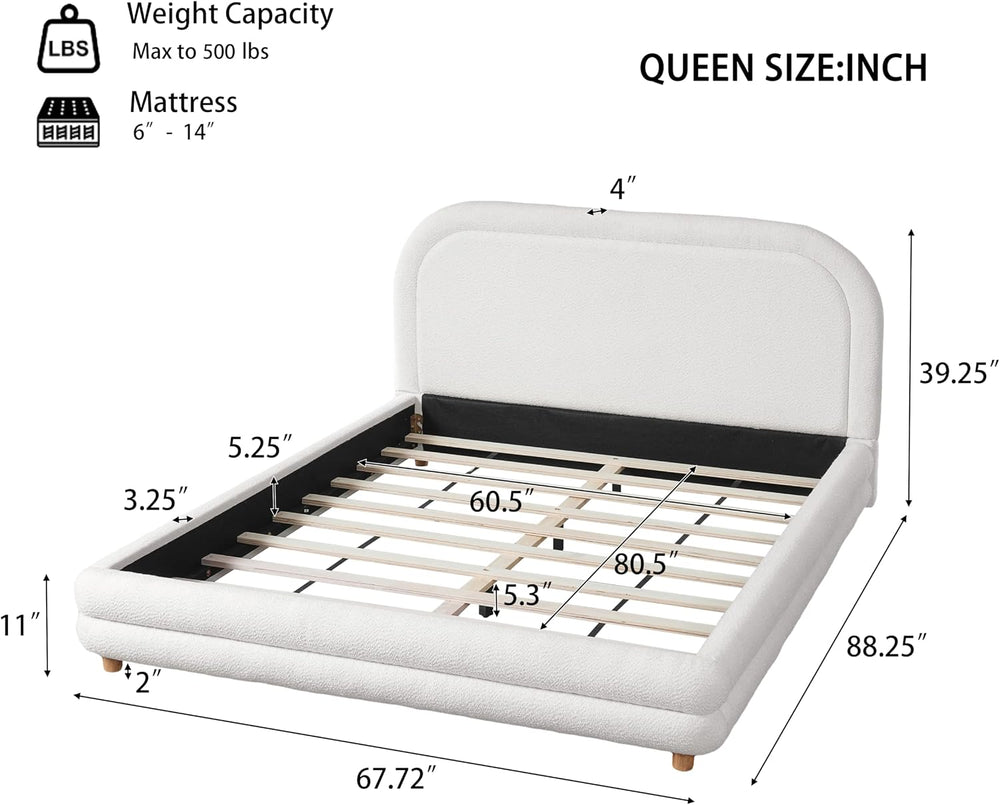 Virubi Queen Size Boucle Upholstered Bed Frame with Boucle Upholstered Thick ...