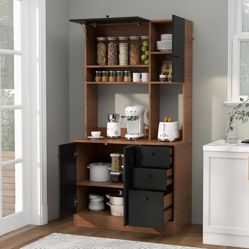 71" Large Kitchen Pantry Cabinet with Microwave Shelf, Wooden Tall Pantr...
