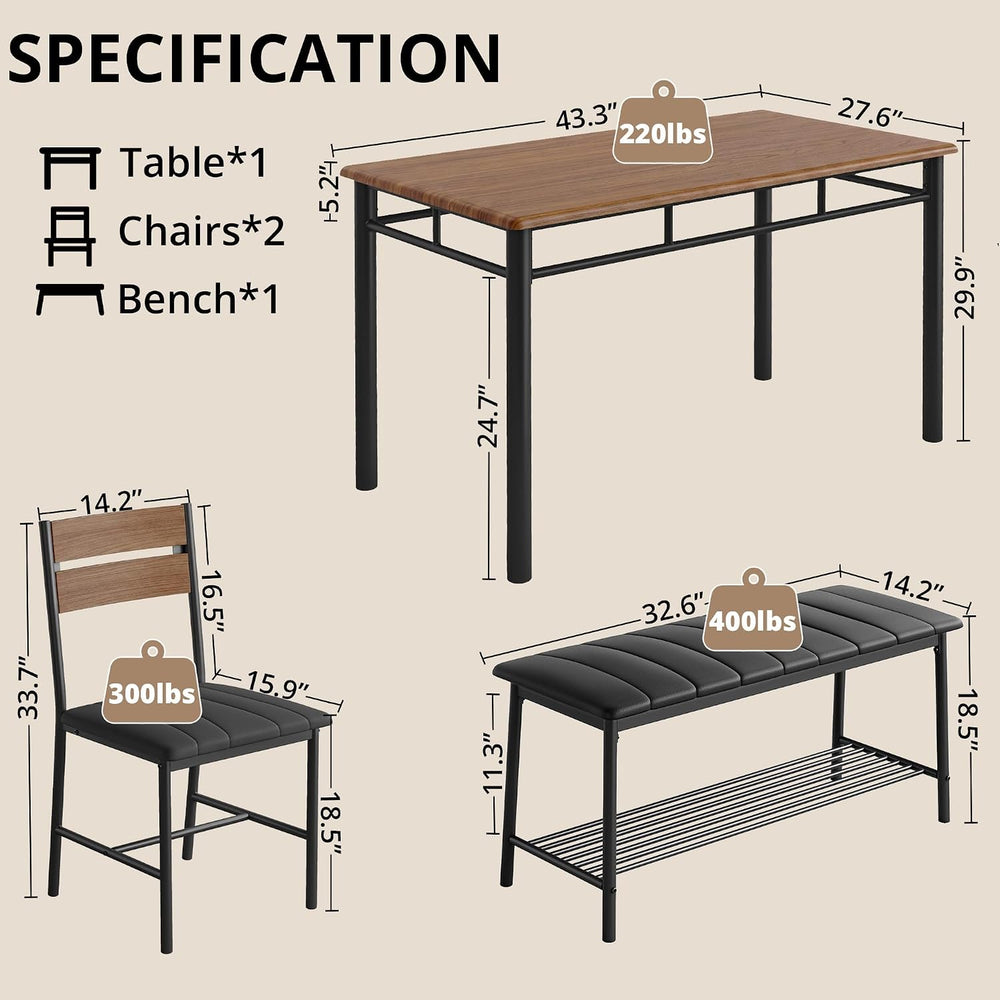 IRONCK Dining Table Set for 4, Kitchen Table with Upholstered Bench and 2 Cha...