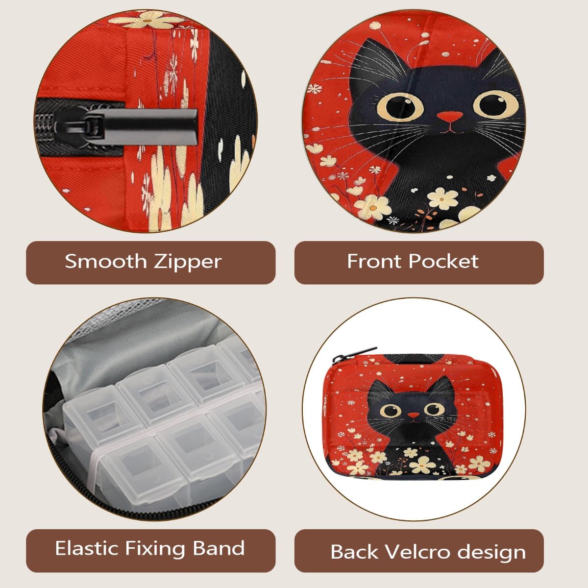 Retro Black Cat Flowers Pill Organizer Travel Medicine Case with Zipper Daily Vitamin Storage Bag Portable 8 Slot Weekly Pill Box Supplement Holder for Home Office Gym Travel