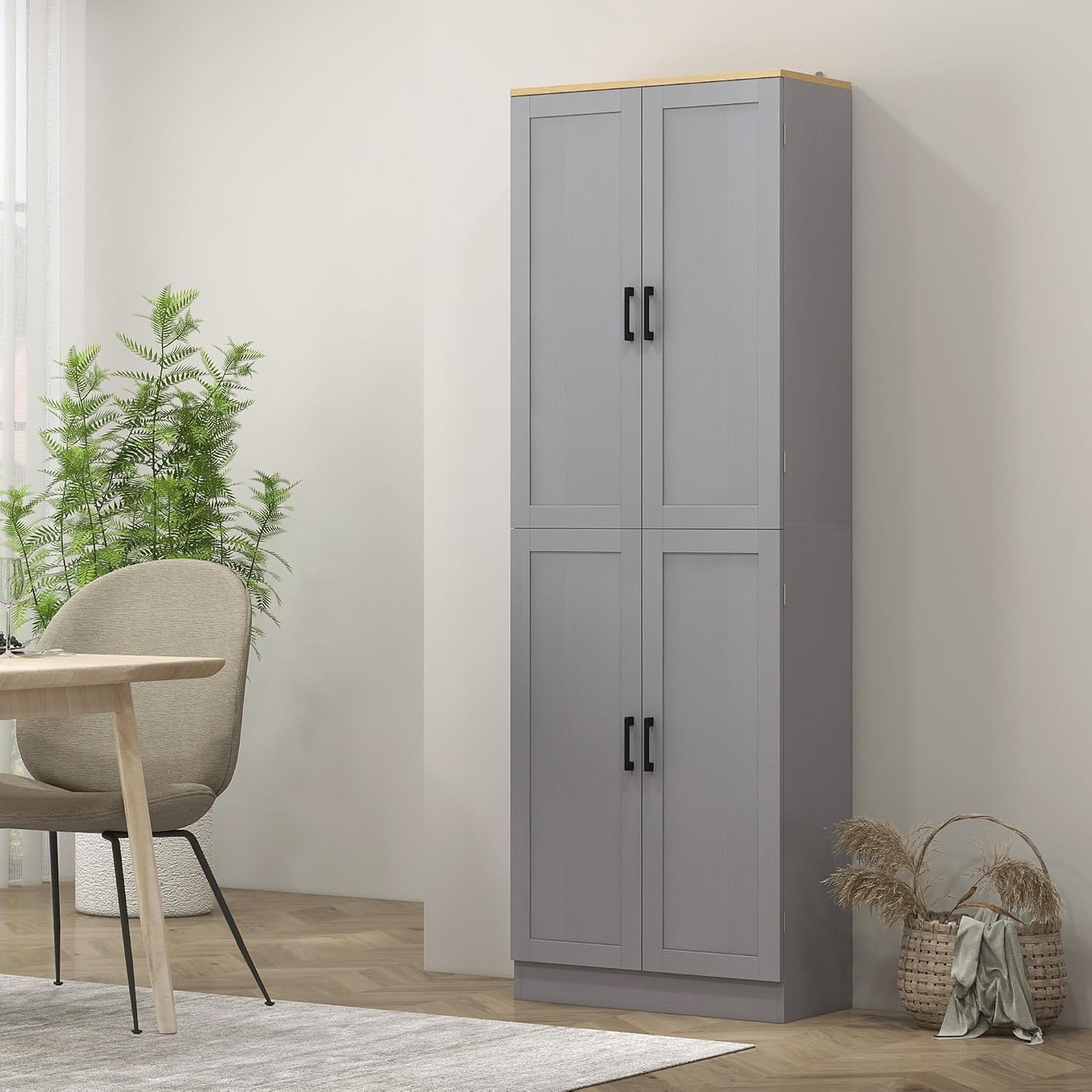 HOMCOM 67" Freestanding Kitchen Pantry 4-Door Cabinet Distressed Gray | Storage Organizer, Adjustable Shelves, Pantry Cabinet with Doors