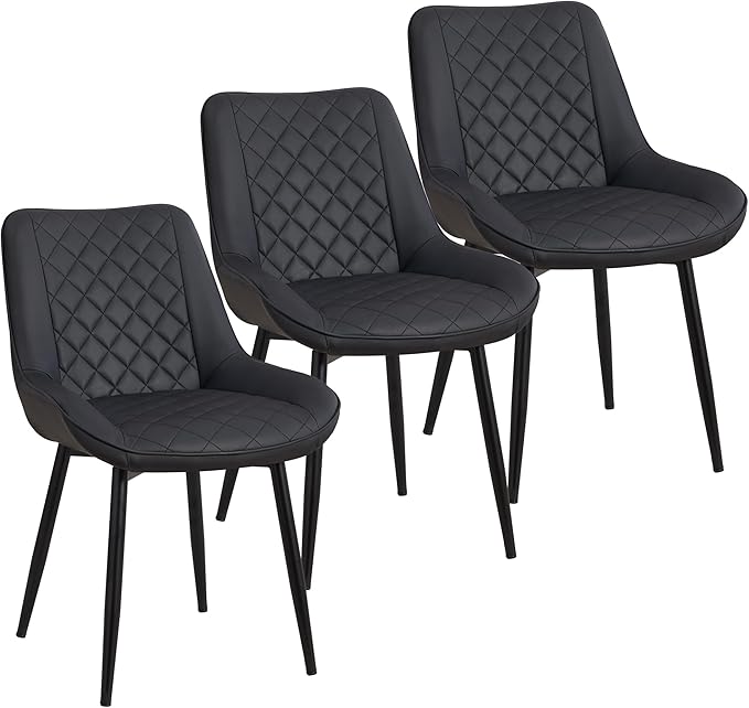 Dining Chair Set of 3, Modern Dining Chairs with Thick Cushions, Faux Leather Upholstered Kitchen Dining Room Chairs with Metal Adjustable Legs for Dining Living Room, Black