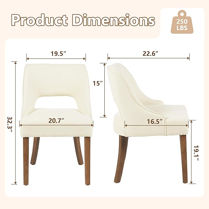 ClinQ Wooden Dining Chairs Set of 2, Modern Fabric Upholstered Kitchen Chairs Dining Chair, Mid Century Modern Chair for Kitchen Dining Room, Farmhouse Kitchen Chairs, Beige-Walnut Legs