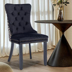Velvet Upholstered Dining Chairs Set of 4, Modern Style Kitchen Side Chairs with Nailhead Trim and Wood Legs,Metal Pulling Ring for Dining Room Living Room(Quadrangular Star&Black)