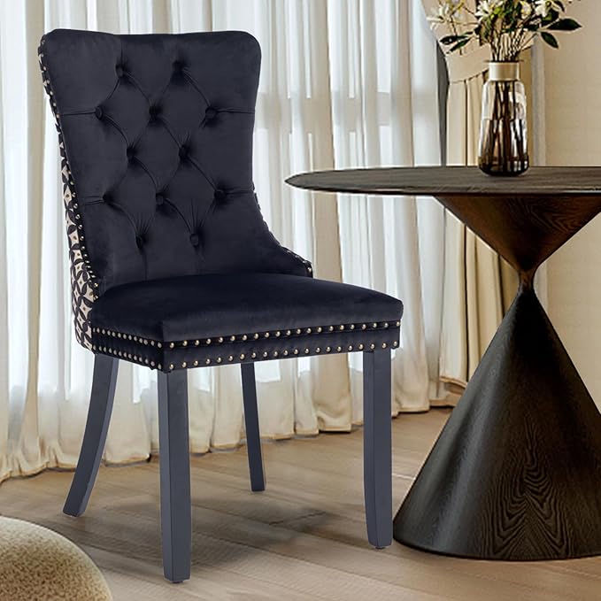 Velvet Upholstered Dining Chairs Set of 4, Modern Style Kitchen Side Chairs with Nailhead Trim and Wood Legs,Metal Pulling Ring for Dining Room Living Room(Quadrangular Star&Black)
