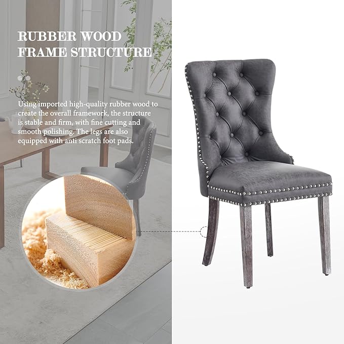 Leather Dining Chair Set of 2, Dining Room Chairs with Nailhead Ring Pull Tri...