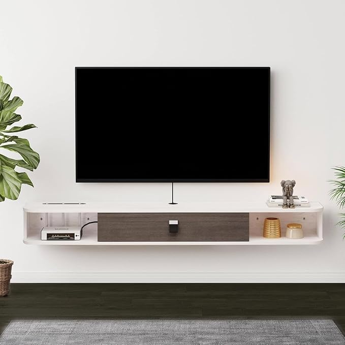 Floating TV Unit, 71'' Wall Mounted TV Cabinet, Floating Shelves with Door, Modern Entertainment Media Console Center Large Storage TV Bench for Living Room & Office (70.86IN, Grayish White)