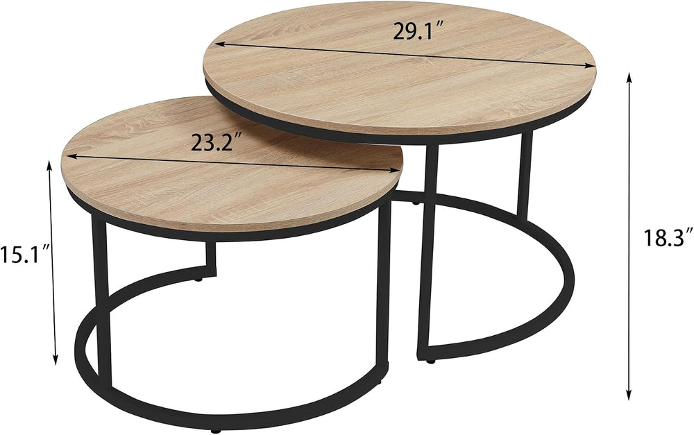31.5 Inch Round Nesting Coffee Tables Set of 2, Oak‑Tone Stackable Side Table...