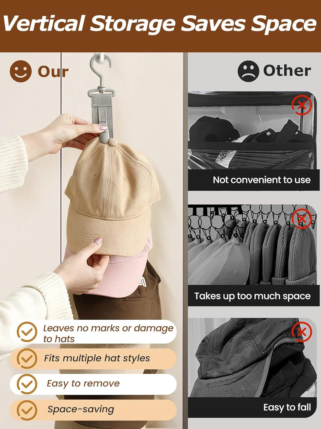 Over the Door Hat Rack - 8 Rotatable Clips Cap Organizer, Foldable Hanging Storage Holds Up to 8 Hats, Space-Saving for Baseball Caps, Closet, Bedroom, Door (Khaki,2-Pack)