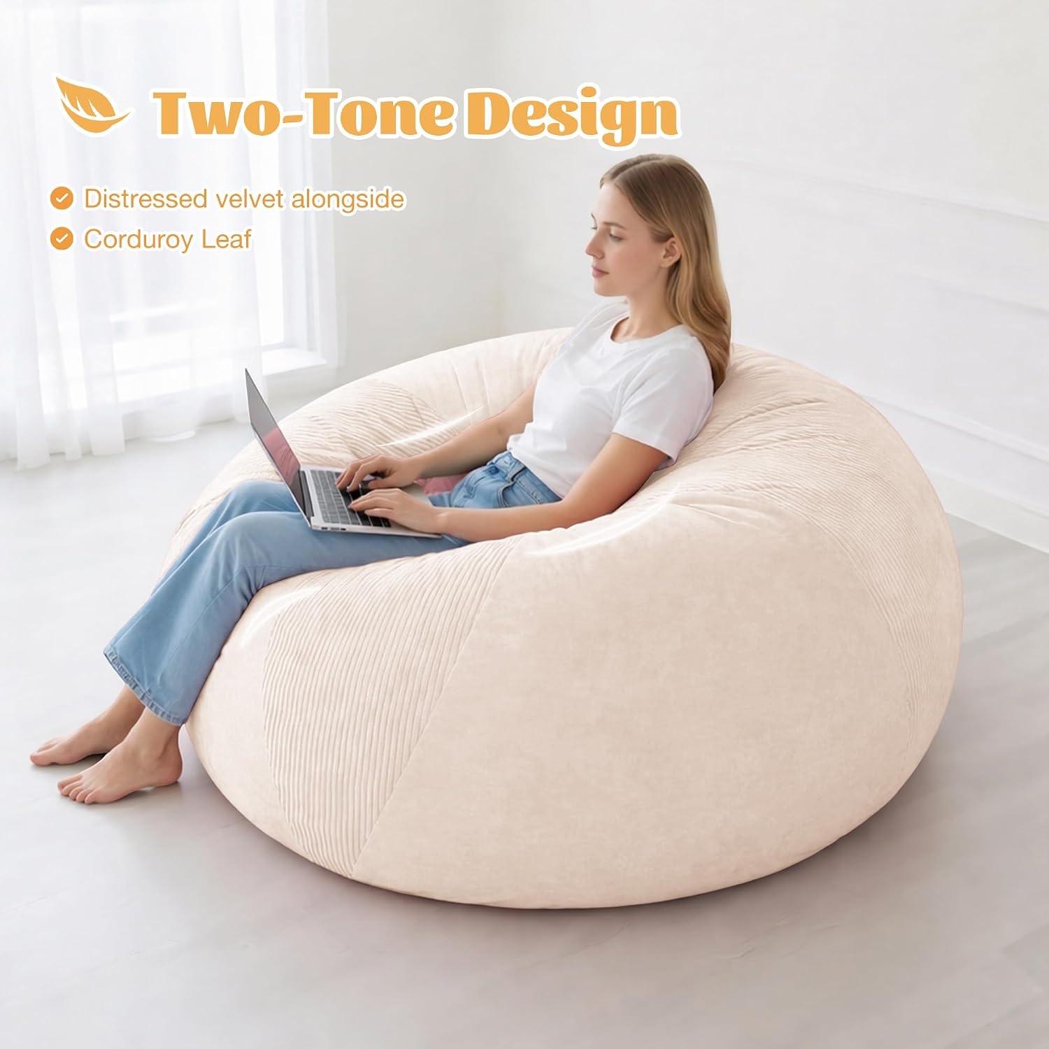 Homguava 4FT Bean Bag Chairs for Adults Teardrop BeanBag Chair Comfy Memory Foam Bean Bags Two-Tone Distressed Velvet&Corduroy Washable Cover for Living Room, Home (Corduroy, White)