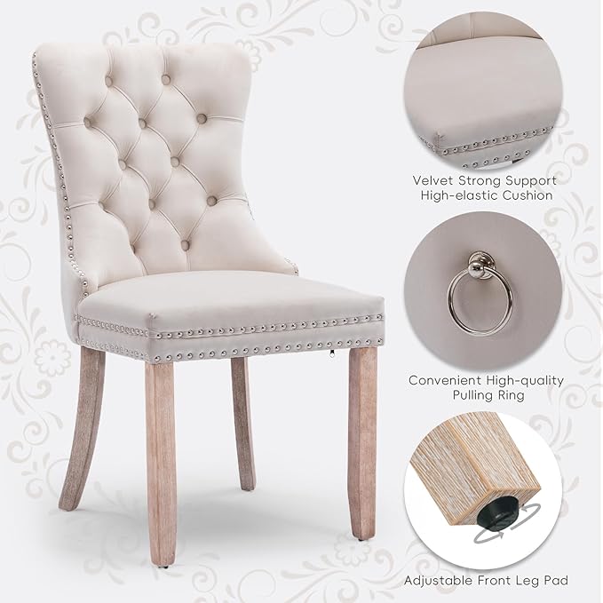 Velvet Upholstered Dining Chairs Set of 8, Modern Style Kitchen Side Chairs with Nailhead Trim and Wood Legs,Metal Pulling Ring for Dining Room Living Room(Beige)
