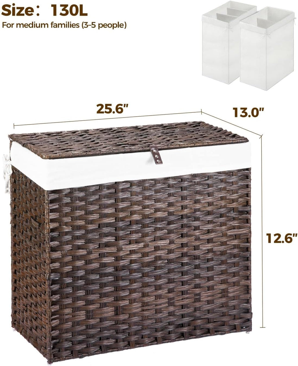 GREENSTELL Laundry Hamper with Wheels&Lid, 130L Large 3 Sections Clothes Hamper with 2 Types Removable Liner Bags, 5 Mesh Laundry Bags, Handwoven Divided Laundry Basket Brown