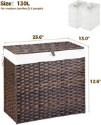 GREENSTELL Laundry Hamper with Wheels&Lid, 130L Large 3 Sections Clothes Hamper with 2 Types Removable Liner Bags, 5 Mesh Laundry Bags, Handwoven Divided Laundry Basket Brown
