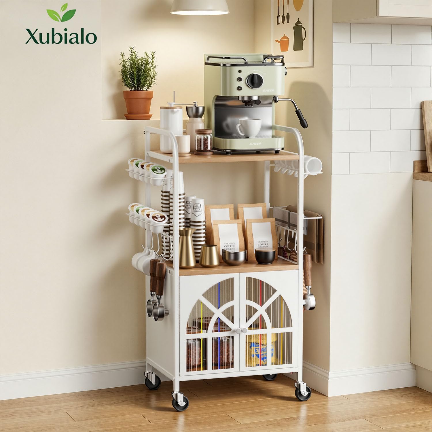 Xubialo 3 Tier Small Rolling Coffee Bar Cart, 16.9 x12 Kitchen Station with Storage