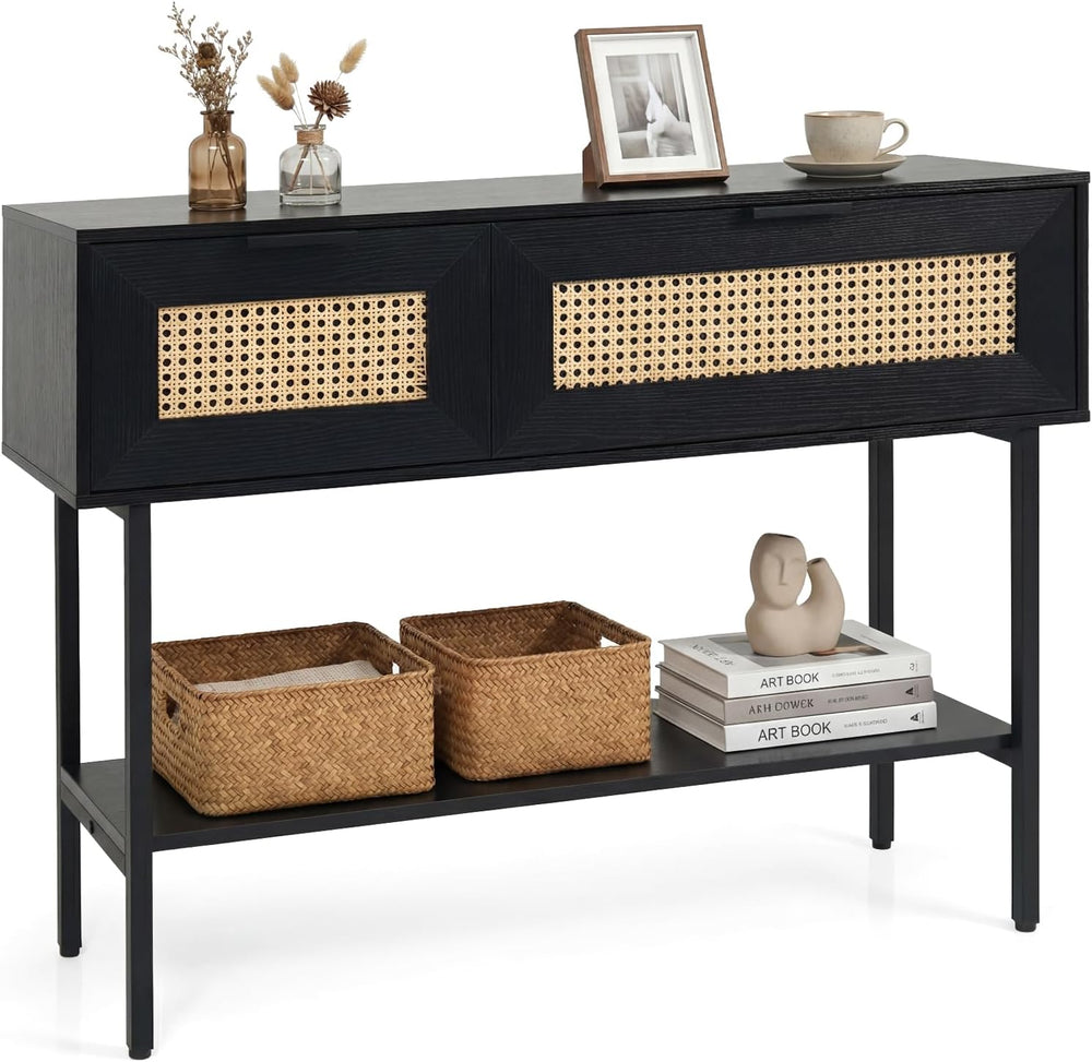 GOFLAME 40” Rattan Console Table, Narrow Long Entryway Table with Storage She...