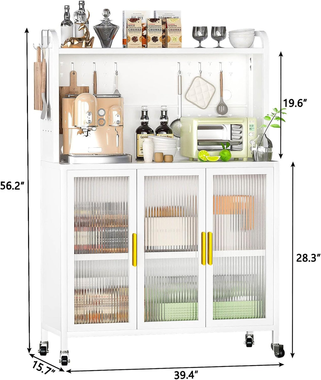 Kitchen Pantry Cabinets, Freestanding Pantry Cabinets with Microwave Stand, Modern Pantry Cabinet with Transparent Door, Kitchen Pantry Cabinet with Versatile Pegboard, Easy to Move, White (White)