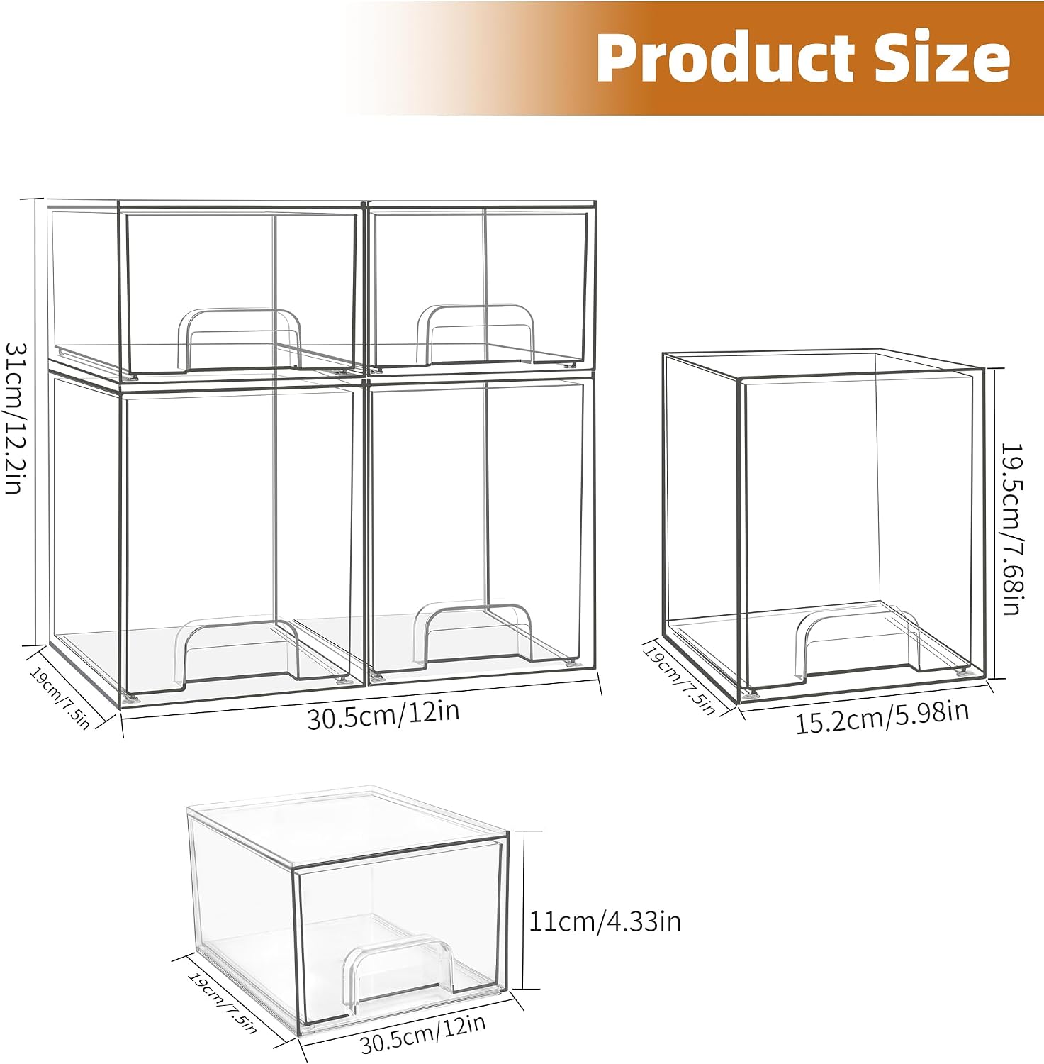 Baby Bottle Organizer, Stackable Storage Drawers with Label, Clear Station Organizers Container for Pacifiers, Pump Parts, Desk Organizer Bins for Bathroom, Cabinet, Pantry, Vanity, Countertop, 4 Pack