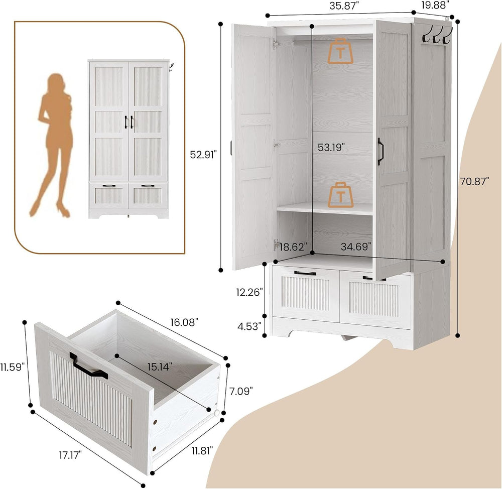 ANCTOR 71" Wooden Armoire Wardrobe Closet with 2 Drawers & Hanging R...