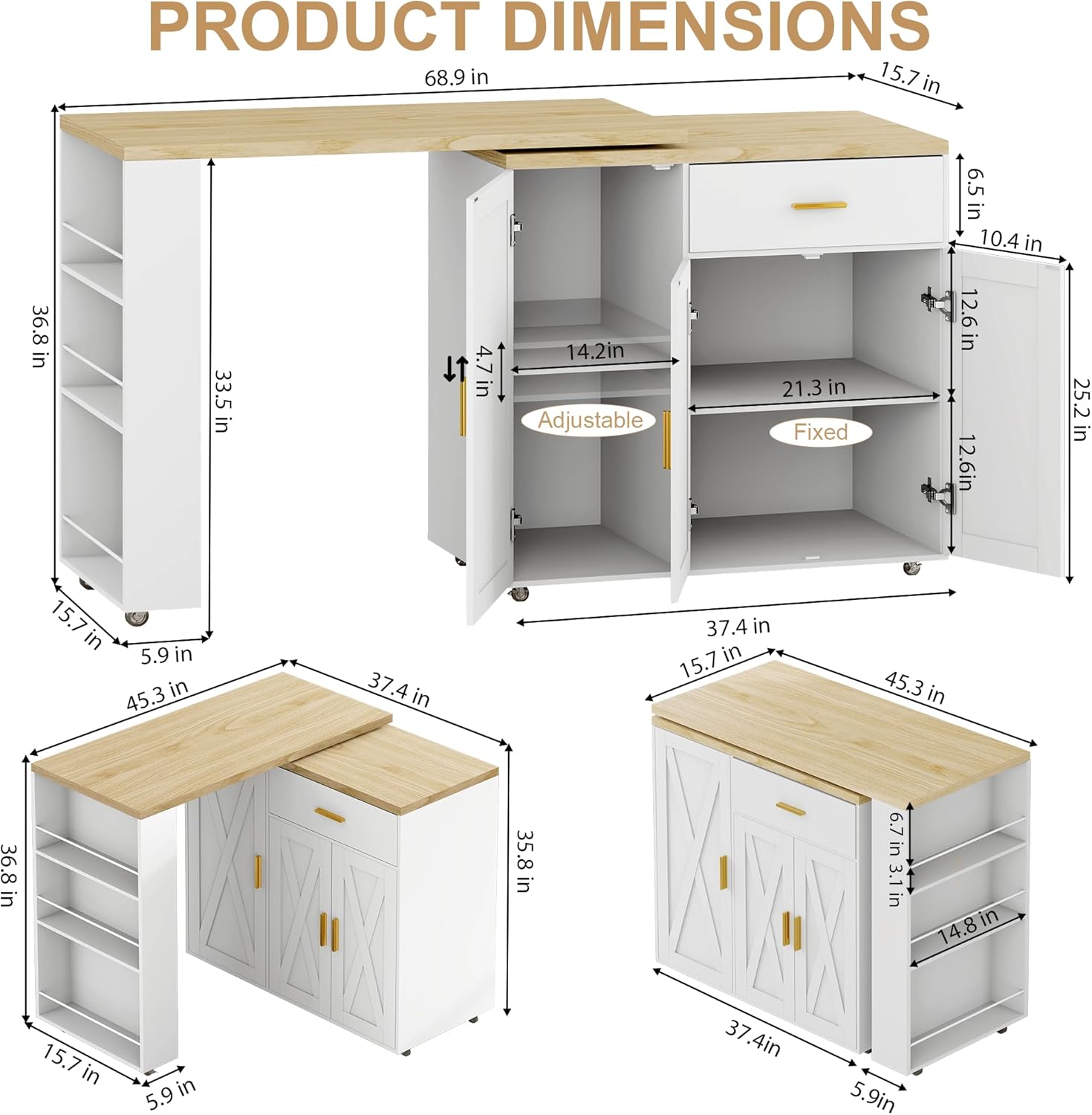 DreamDashio Kitchen Island with Storage, Rolling Kitchen Island with Swivel Table, Drawers & Shelves, Mobile Kitchen Island Cart with 360° Swivel Extendable Dining Table for Kitchen, Dining Room