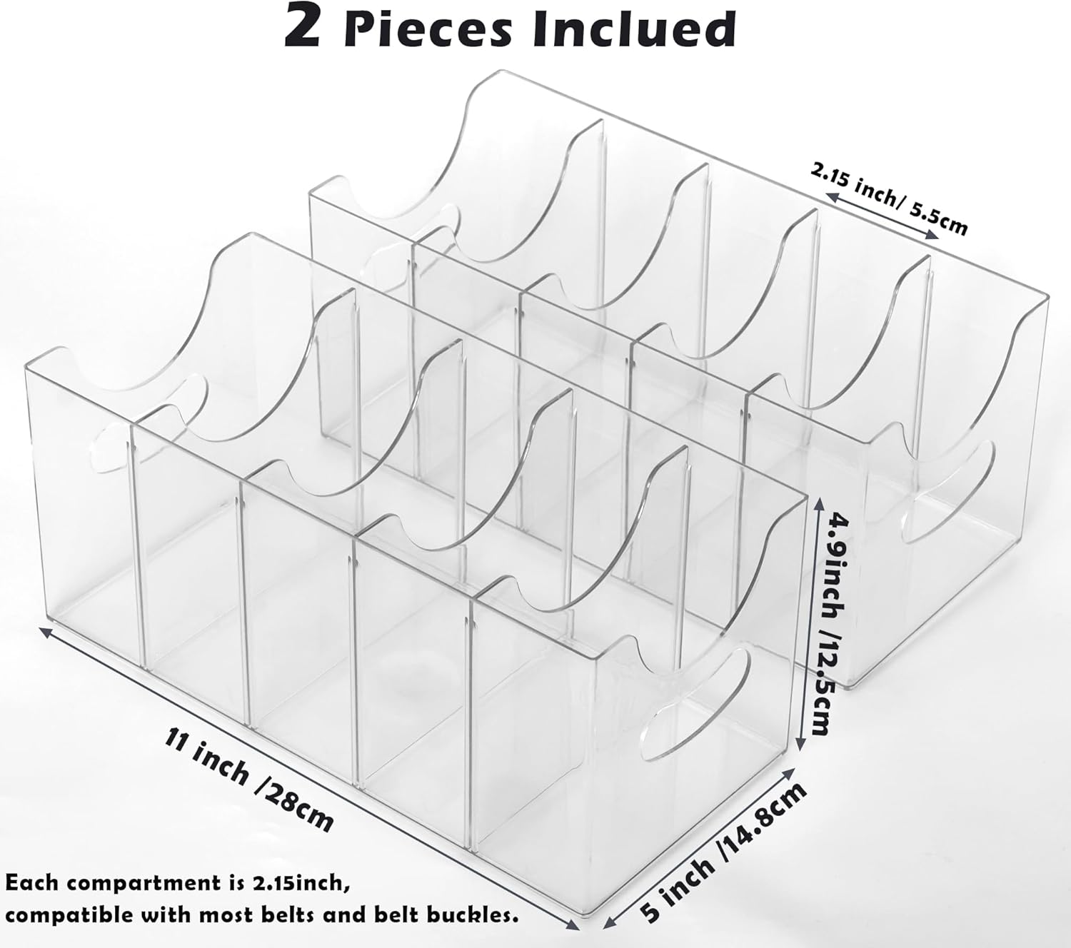 Belt Organizer - 2 Pack Clear Stackable Belt holder For Closet Drawer Storage - 5 Compartments with Removable Dividers, Multi-Purpose Display Bins With Inserts For Ties,Socks,underwear (2)