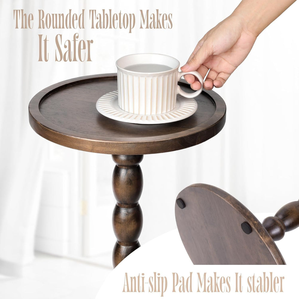 Solid Wood Round Pedestal Side Table with Tray-Top Rim – Bobbin Turned Accent...