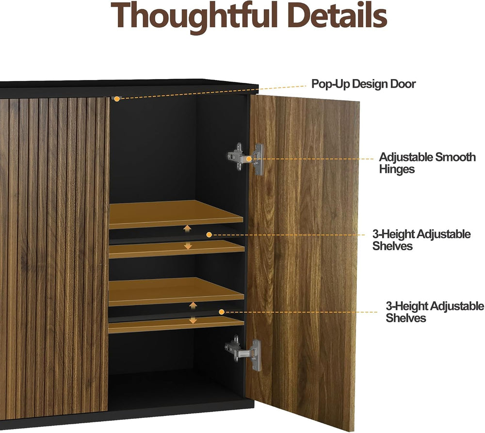 Buffet Cabinet with Storage Walnut Fluted Wooden Accent Sideboard with Pop-Up...