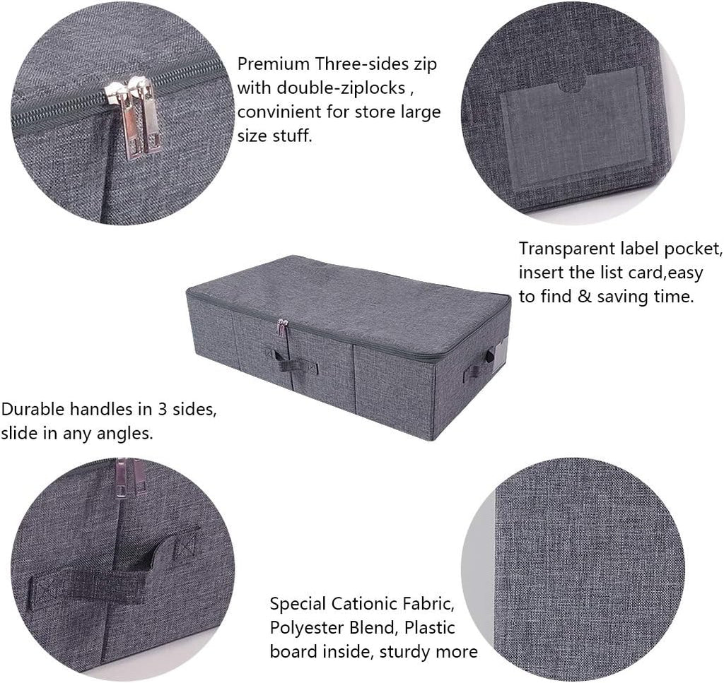 iwill CREATE PRO Underbed Storage Boxes for Bedding/Garment/Duvets/Blankets/Shoes, Folding Fabric Rigid Under bed Storage Bins with Zip Lid, Washable, Black Gray