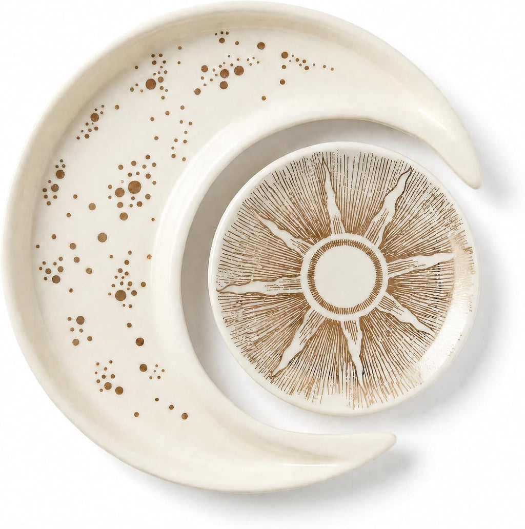 Ceramic Jewelry Dish Tray 2-Pack,Earrings Ring Holder,Small Trinket Plate | Bohemian Sun and Moon Key bowl,Unique Elegant Decor for Home,Engagement Birthday Gift,Gift for Mom Women Bride Friends