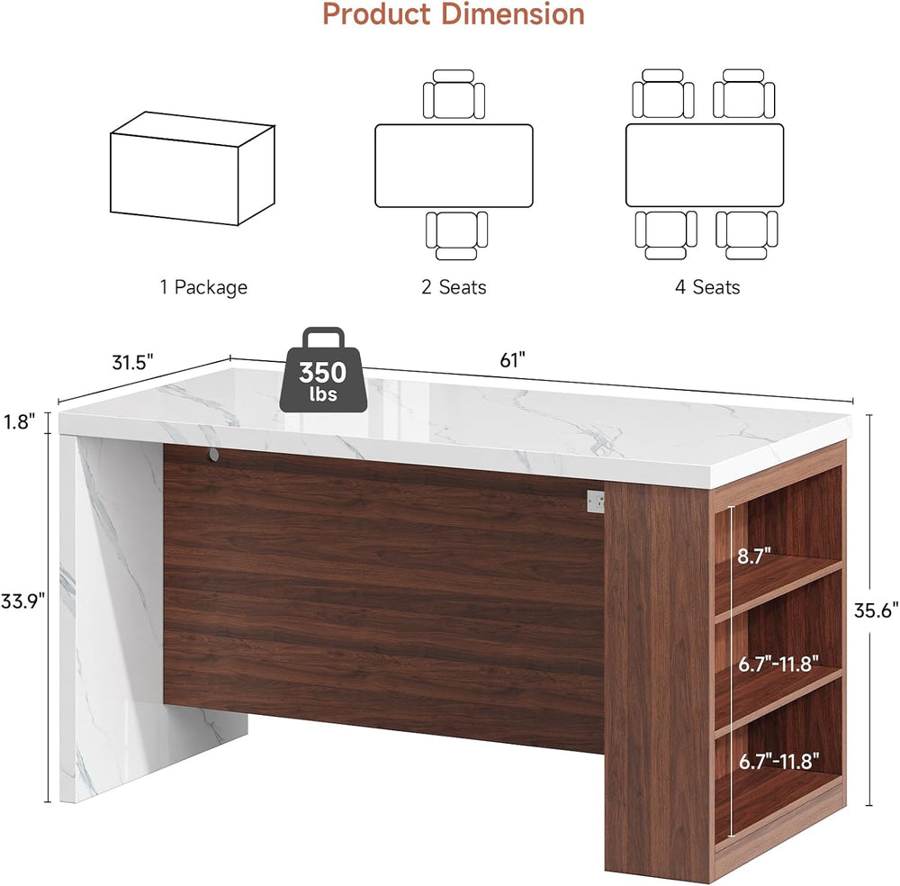 61" Kitchen Island Table with Storage, Counter Height Dining Table, Waln...