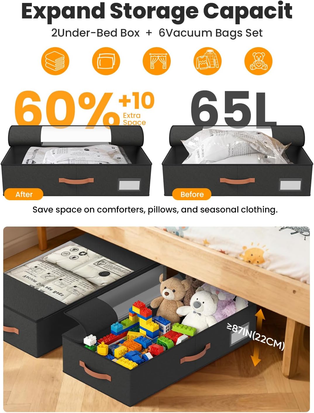 TOSKING 2-Pack Under Bed Storage Drawers with Wheels, 6 Vacuum Bags, 7.9" Height, Large 65L/80 lbs Clear Lid Rolling Bin, 900D Oxford, Space Saver for Dorm Bedroom, Blankets, Clothes, Shoes, Black