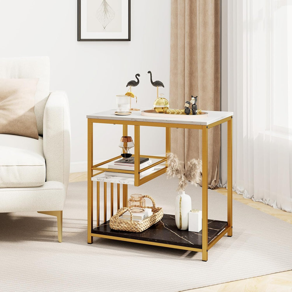GOFLAME Faux Marble End Table, 3-Tier Sofa Side Table with Storage Shelves, G...